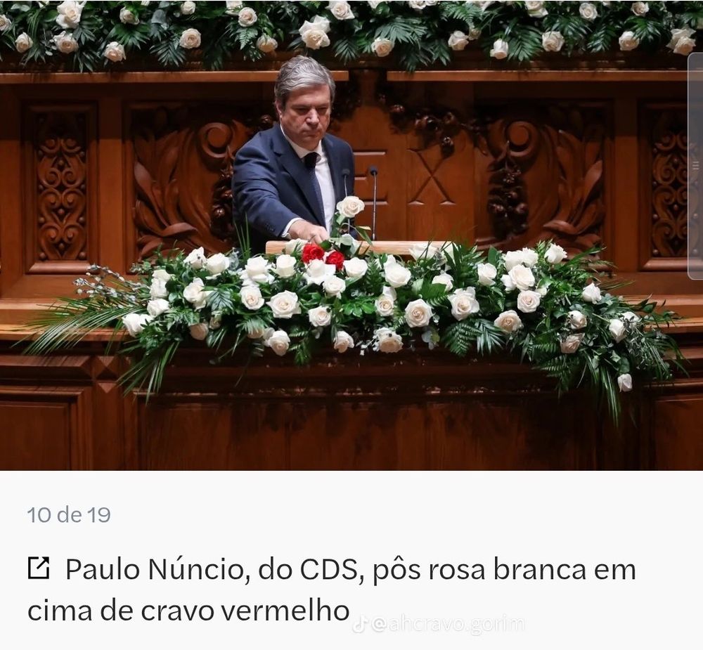 Paulo Núncio, do CDS, pôs rosa branca em cima de cravo vermelho

Paulo Núncio, from the CDS party, placed a white rose on top of the red carnation