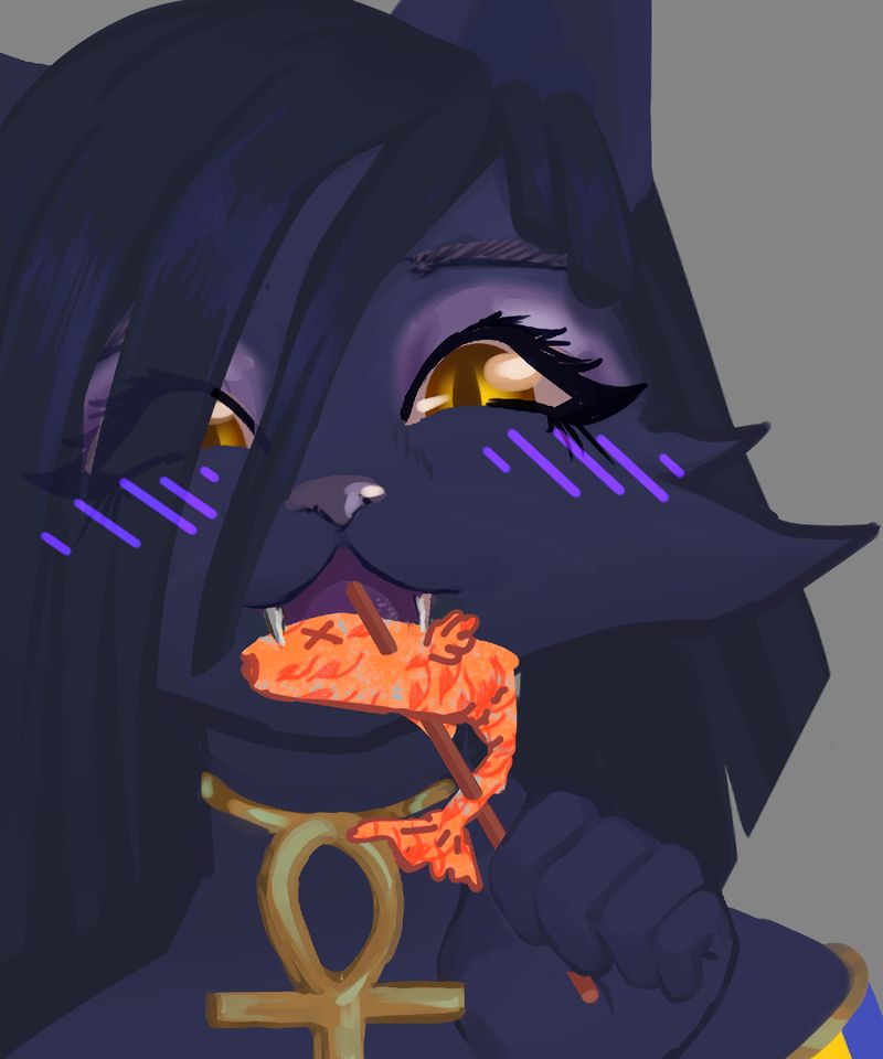 Nile from In Heat: Lustful Nights the game enjoying batered fish on a stik!