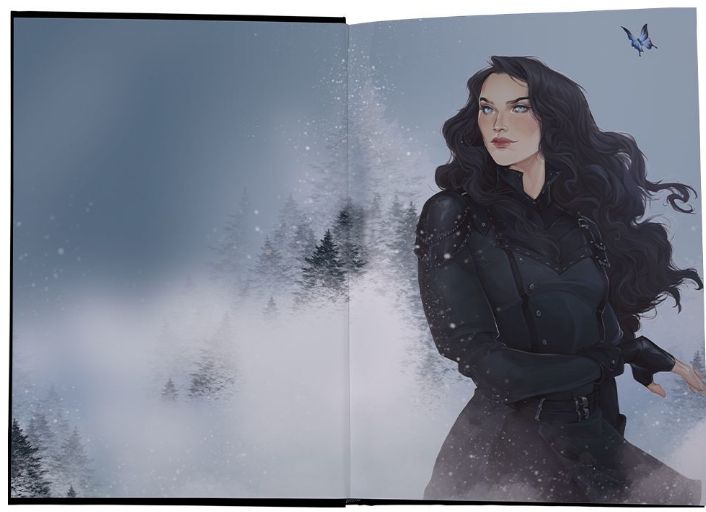 The character Saeris with dark long hair and dark armor with a snowy background. There is a small purple and blue butterfly above her.