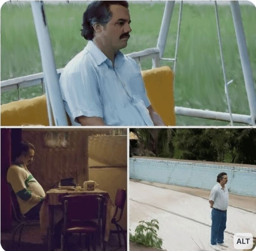 Bekanntes Meme eines wartenden Mannes mit Schnauzbart, 3 Bilder. Er sitzt auf einer Hollywoodschaukel,er sitzt an einem Tisch,er steht auf der Straße 