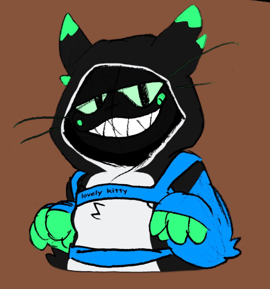 a picture of me being kitty, grinning at the viewer! I'm wearing a blue harness that says "lovely kitty" in comic sans across the chest strap