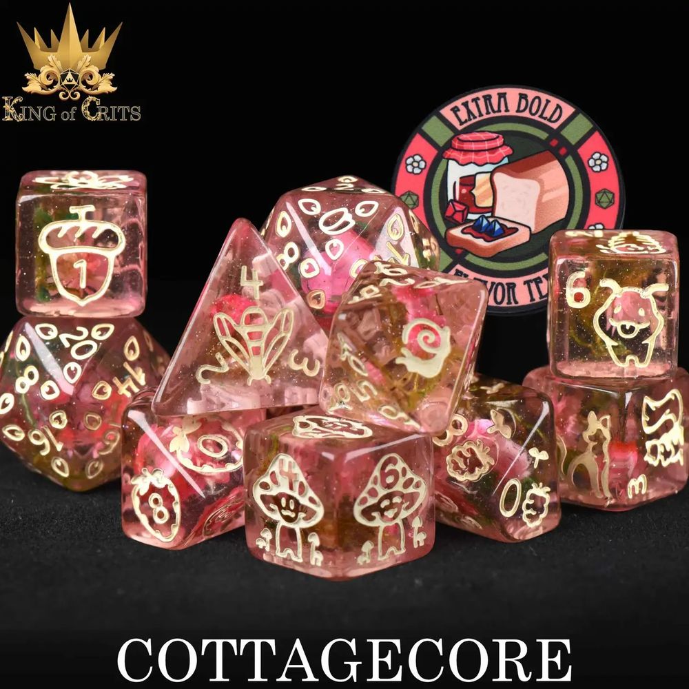 Picture of “cottagecore” dice set featuring things like moths, mushrooms, and acorns.