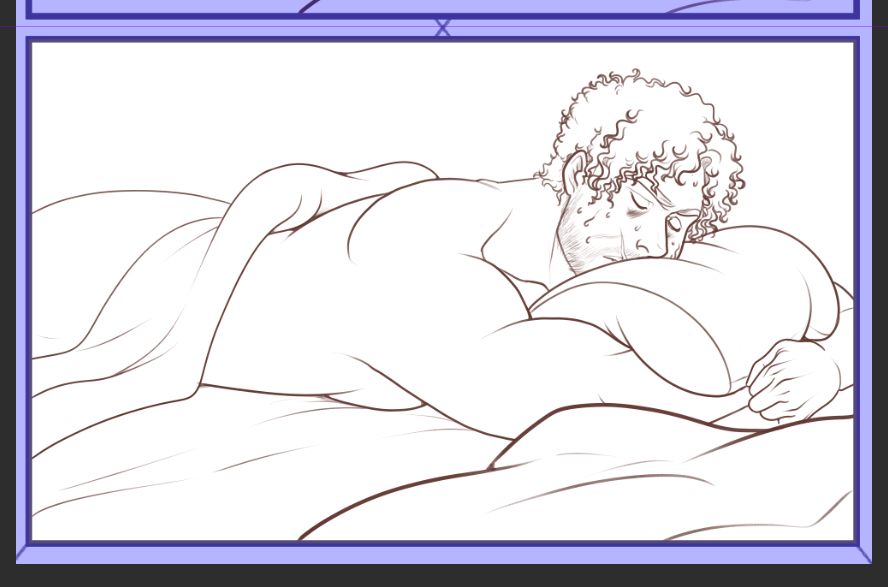 Lineart of Cullen Rutherford from the Dragon Age videogame, lying on his belly and hugging a pillow as he tries to fall asleep.
