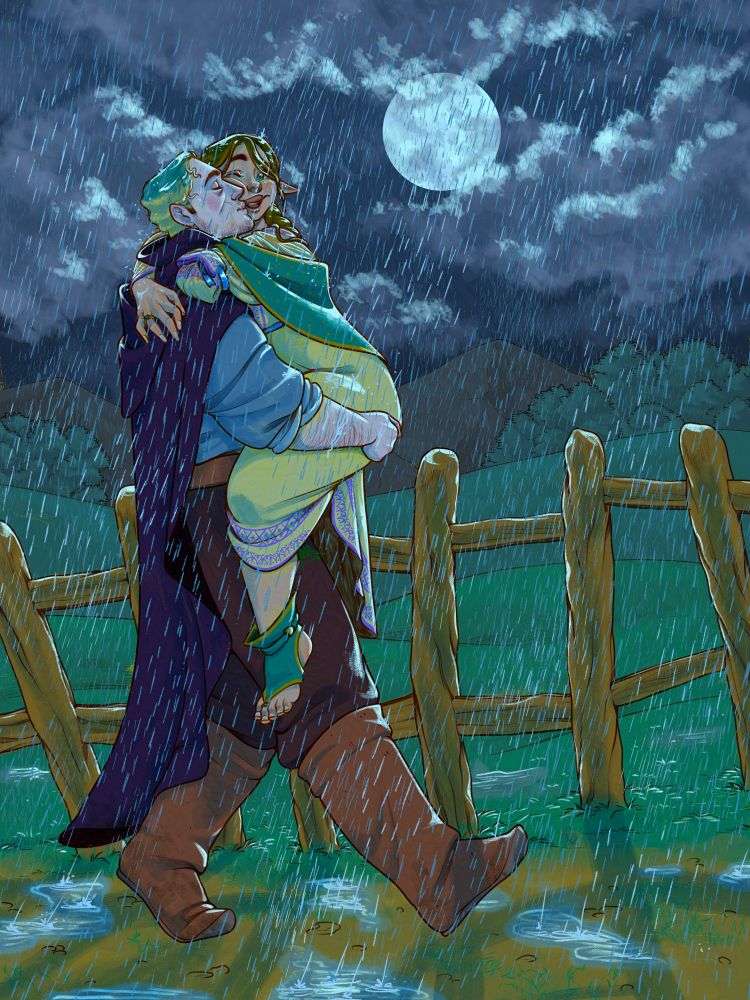 A rainy scene. The characters are walking back home under the rain, on a pathway separated by a wooden fence from open fields, with woods and mountains in the background. The clouds in the sky part to reveal a full moon.
It's raining heavily, but the character don't seem to mind much. A tall, blonde man in a dark cloak is holding his wife and kissing the side of her mouth. They both look happy.