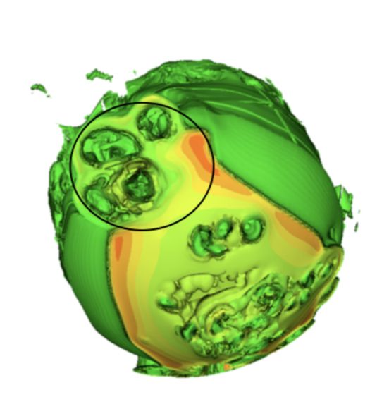 3D simulation of the supernova, powered by neutrinos within a few seconds of collapse.  This image is a bit later in the simulation, after the shockwave breaks out of the collapsing star.