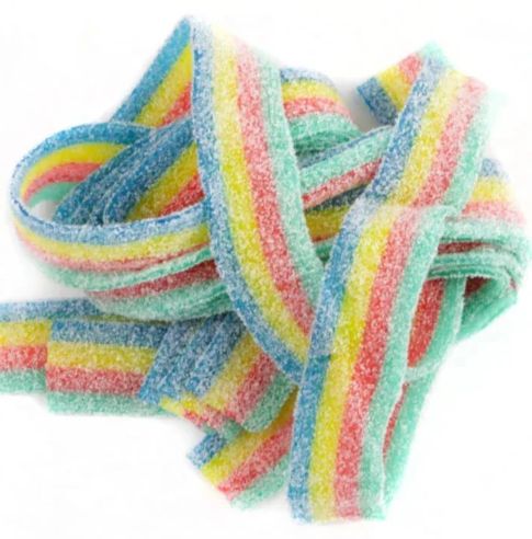 A pile of sour rainbow belts candy