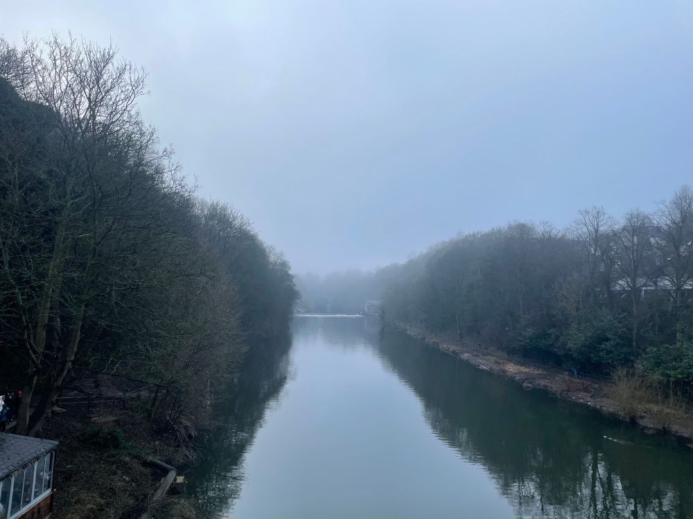 A view along the river Wear, taken from a bridge, on a misty morning. Both banks are lined with trees. If I’d been stood a bit more to my right, you’d see the cathedral in the top left of the photo