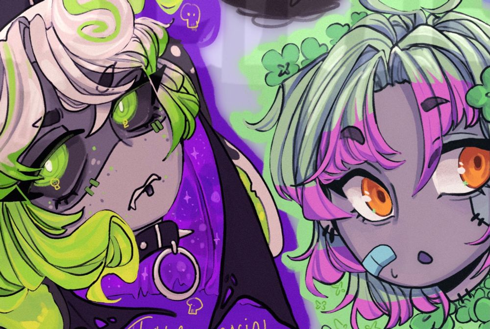 RIPRotten and Cloversong. So many ombres for Rotten, I had to get creative to get their hair and inner hood to look properly glow-y in my style! Clover's design is so darn cute, though I did struggle with their really unique color palette. I think both of them turned out super cute in very distinct ways by the end!