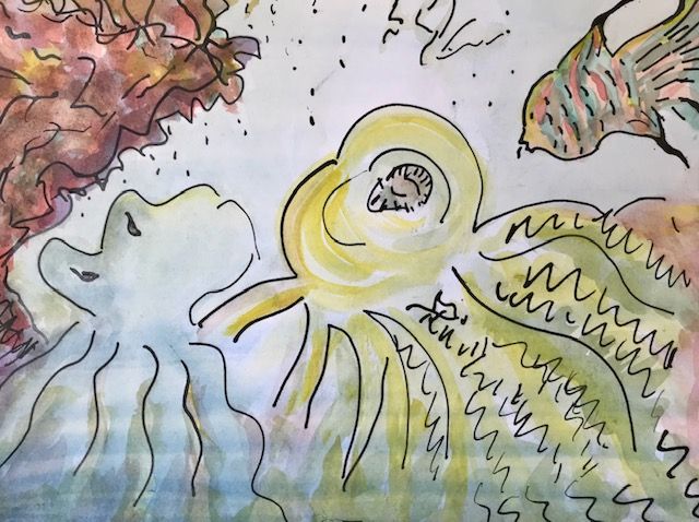 Watercolor painting showing undersea creatures, one blue and one yellow octopus with mouth open, eyeing a red and green stripped fish.