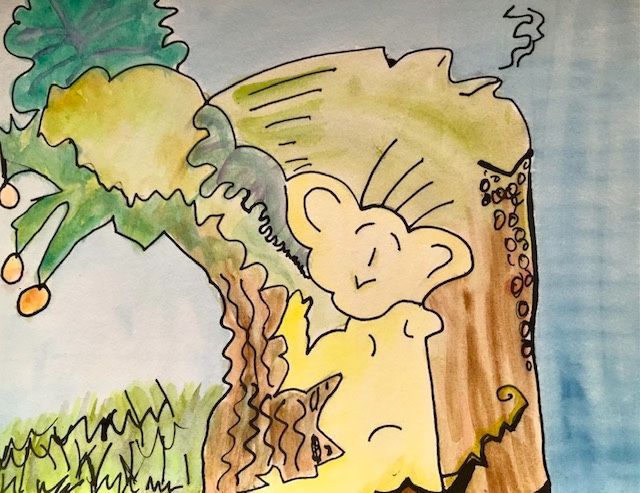 Watercolor and ink illustration of a yellow koala holding onto a tree truck. The top of the tree has an upward looking face and is exhaling oxygen for the our world. 