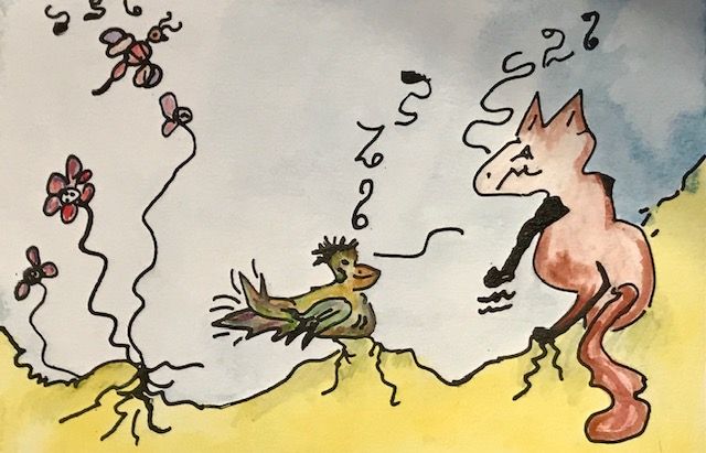 Watercolor and ink illustration: yellow ground, blue sky, flowers. A bug is flying, a bird is on the ground, and a brown cat is on the hill. All the animals are humming a tune/ music notes over their heads.