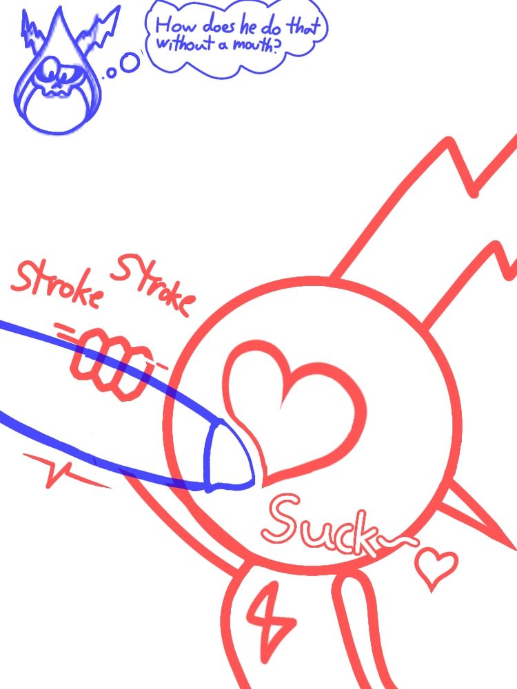 Drawing of Commander Peepers giving Lord Hater a blowjob. Because Peepers' head is an eyeball, there's no visible mouth where Hater's cock is going into.

Lord Hater is wondering how an eyeball can give said BJ. "How does he do that without a mouth?" Is what the thought bubble text says.

"Stroke stroke" and "suck" are onomotoepias used.