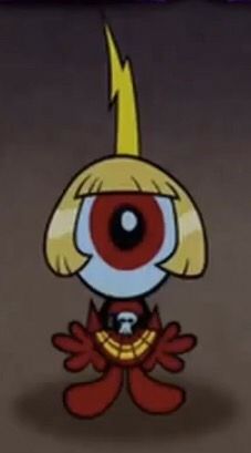 Commander Peepers in a pleated dress and a blonde wig, disguising himself as a groupie.