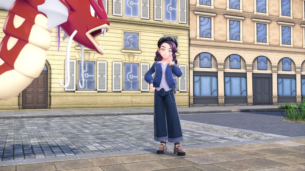 My character in pokemon legends ZA posing. She is wearing a beret, blue jacket over a light purple striped shirt, blue pants, brown shoes and has purple hair. Also my shiny gyrados is vibing there. 
