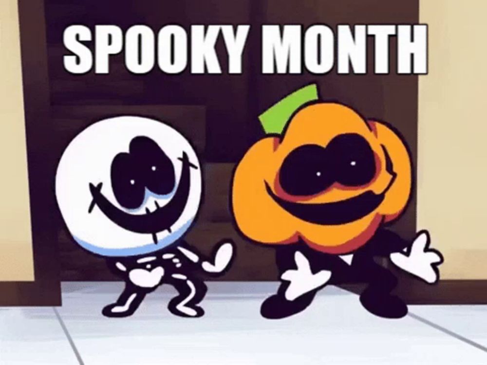 a cartoon of a skeleton and a pumpkin dancing with the words `` spooky month '' written on the bottom .