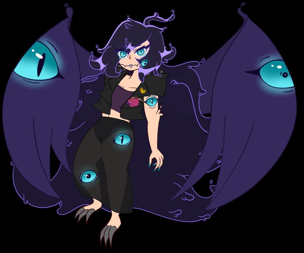 a humanoid with big, long flowing goopy purple hair, with glowing blue eyes including extra ones on the cheek, arm, legs and one on the two big, purple wings. sharp nails on hands and clawed feet. wearing a purple top with a dark jacket that has a rubber duck and pomumon pin on it, and dark pants.