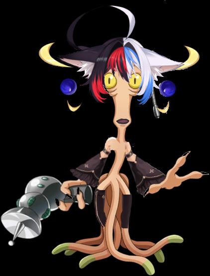 vademon, an alien looking digimon, combined with the vtuber lucky m. tempest so now it has their hair, sleeves, thigh highs and some black nails
