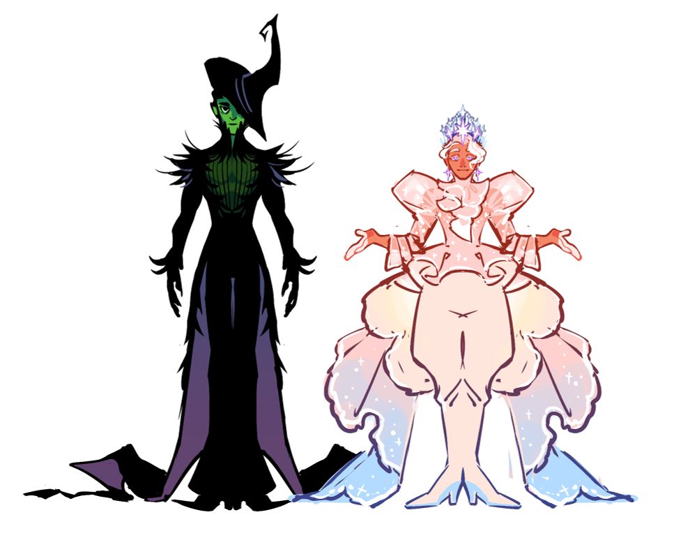 Elphaba and Glinda inspired tuxedo/suit designs, with the one on the left being a black feathery number with a long crooked tailcoat over dress slacks, and the one on the right being a poofed up sparkly pastel pink and blue waistcoat with sheer gigot sleeves and a layered, scalloped tailcoat over puffy pants.