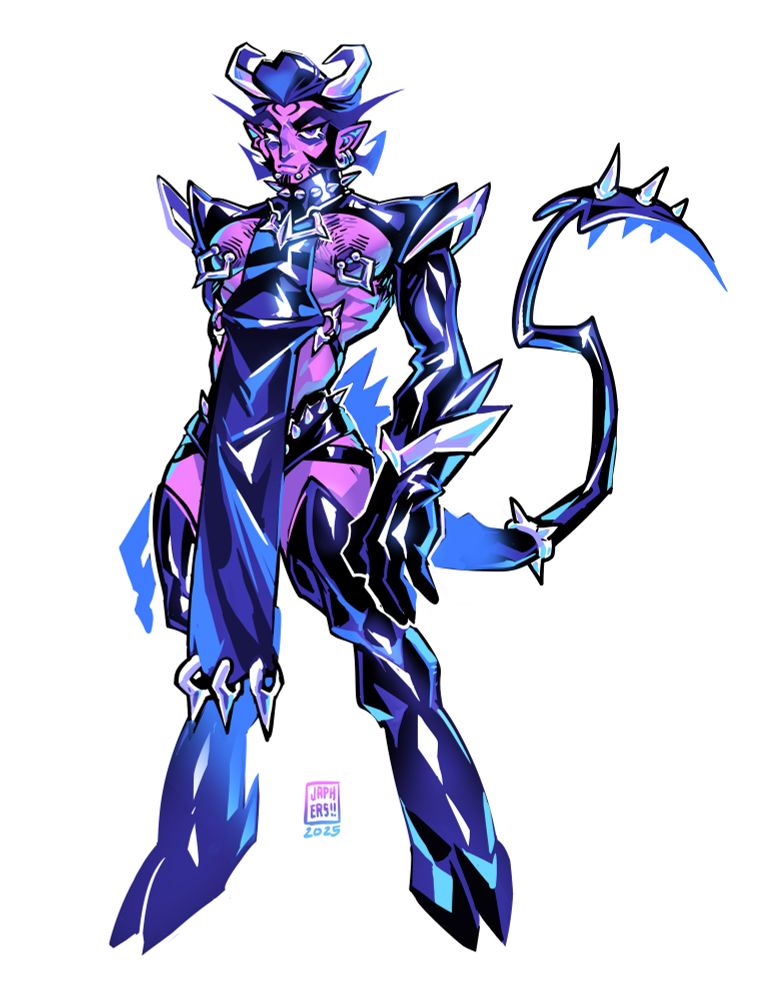 A lilac-skinned incubus with silver horns, hooves, and a black, leather-clad tail. His hair is done up in a pompadour with a heart at the top end, and he wears a tight leather outfit with silver hardware and a plethora of body piercings.