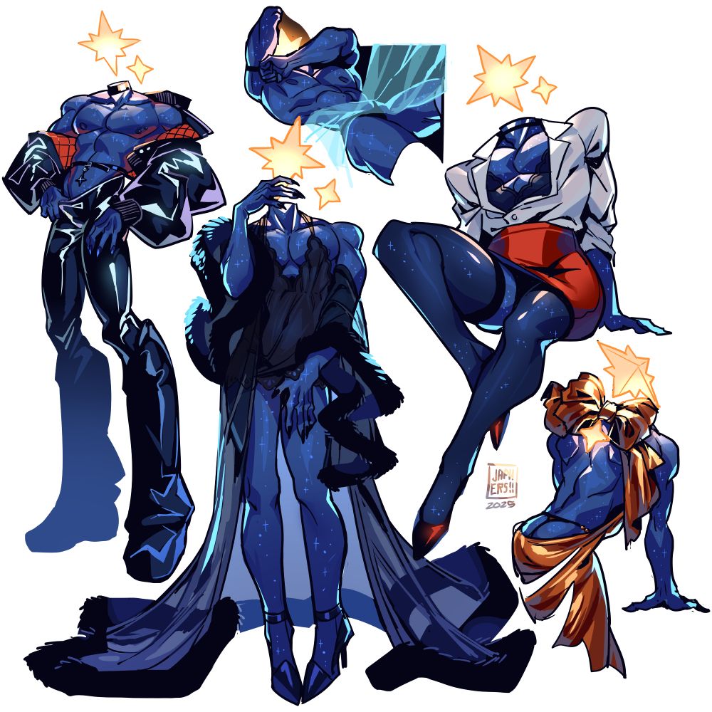 Aldo, OP's character, is a living star, who has a glowing star for a head, and a deep blue, starry body. They are shown here in five different outfits.

(Top left) Aldo, in a leather bolero jacket with puffed sleeves and bright red inner quilting, as well as a leather collar, leather belt and low-rise leather pants.

(Top) Aldo, in white thigh stockings and a black thong, with a gossamer curtain over their abdomen.

(Top right) Aldo, in 'office siren'-esque attire, with an open white dress shirt with a slip peeking through, tucked under a red pencil skirt and finished off with sheer black stockings and deep red satin pumps.

(Center) Aldo, in a short black negligee and black pumps, worn under the iconic, black, fur-trimmed gossamer, floor-length "widow's bathrobe".

(Bottom right) Aldo, seen from behind, in a backless, liquidy, golden lame gown, tied in an oversized bow on the neck, and falling just below the buttocks with a black thong peeking through.
