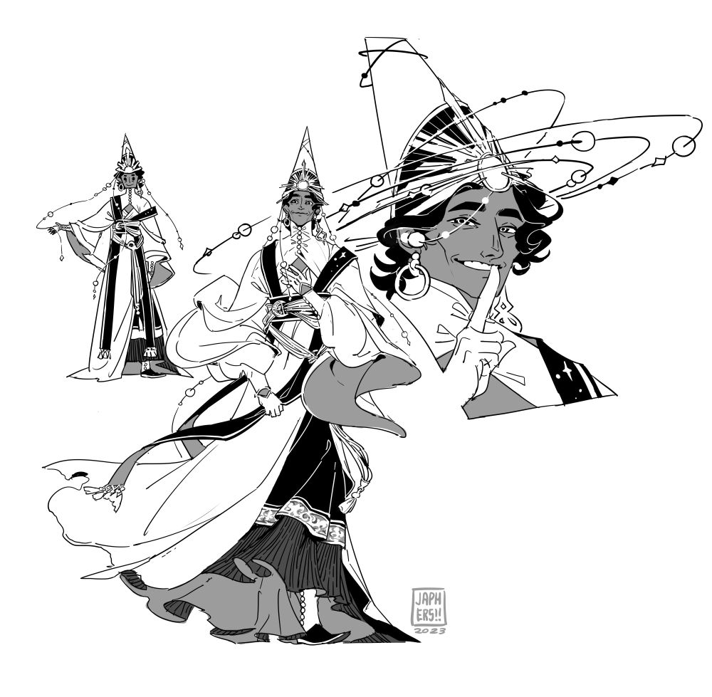 Black and white sketch of the older wizard and his garments. His hat is a white pointed brimless hat with a gilded sun on a dark half-circle, though the headshot shows that the strings of beads dangling from it can position themselves into a pseudo-brim.