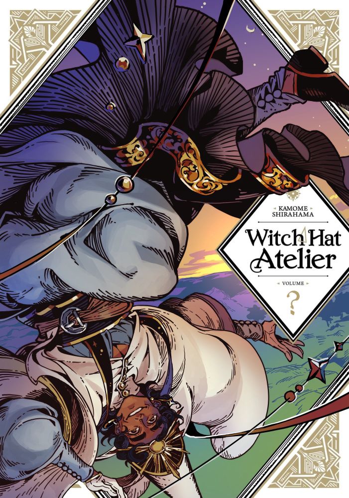 A mockup cover for a Witch Hat Atelier fan character: an older wizard in ornate robes, smiling as he falls upside down from high up in the sky.