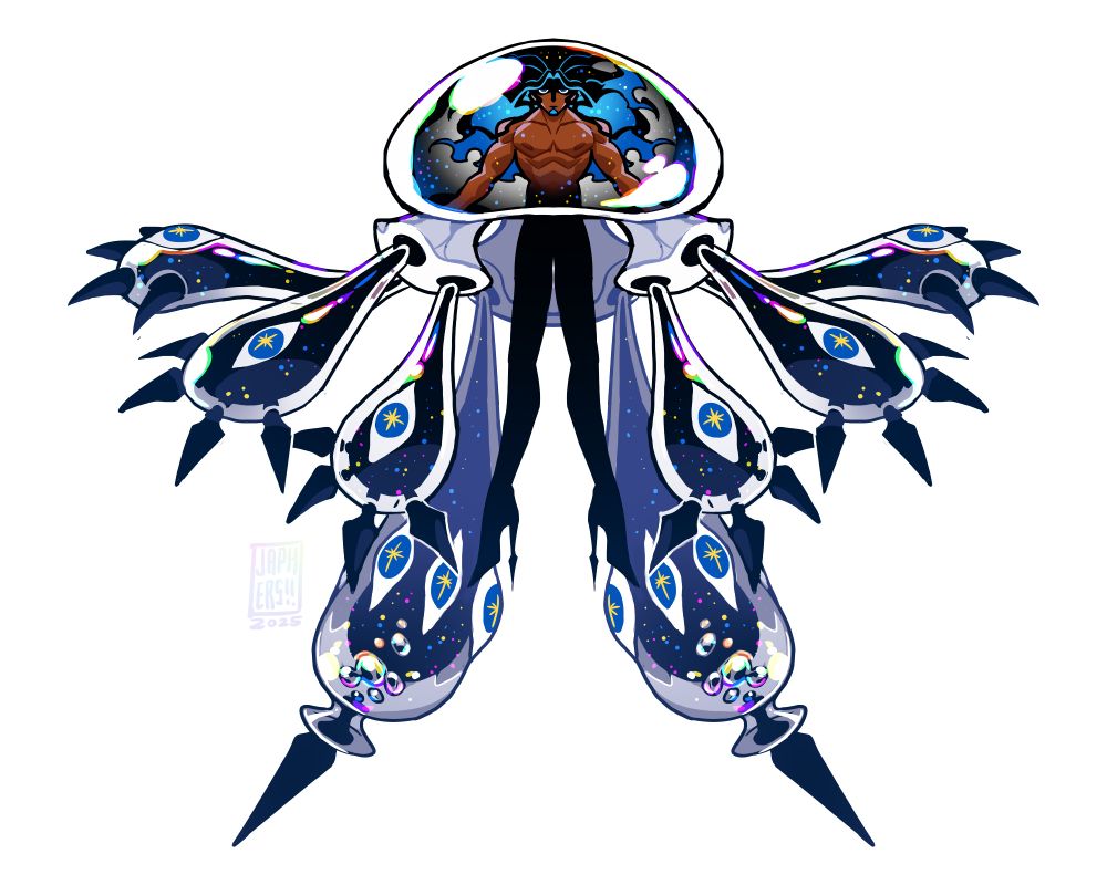 Aldo, OP's OC, fused with a Nihilego- a jellyfish Pokemon. Their torso shows underneath the large clear bell, their hair long and black with a bioluminescent blue underside. The tentacle-paws are clear with inky black bases, and eyes all over them. The entire figure seems enveloped in a prismatic sheen.