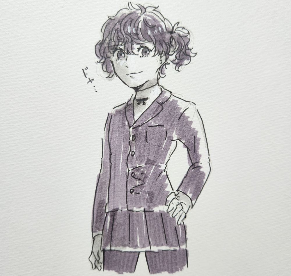 女子制服をきた☕くんのアナログ絵です