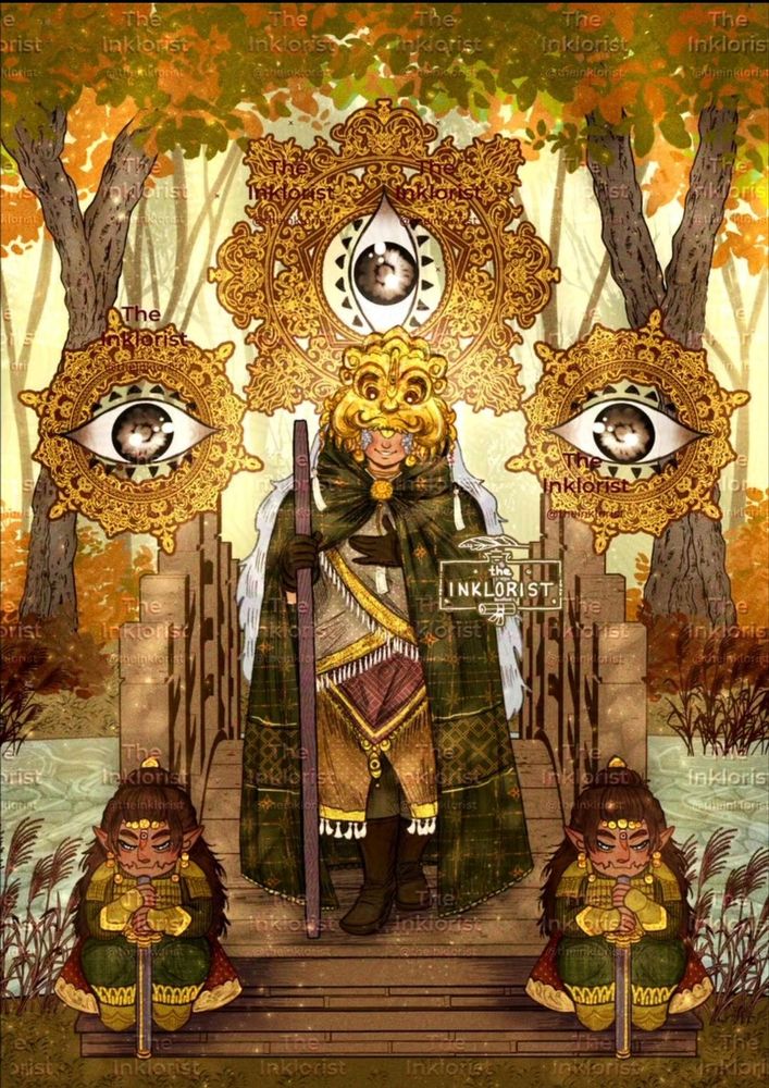 Forest guardian with two gnome guards standing over a bridge above a forest stream in the dappled sunlight 