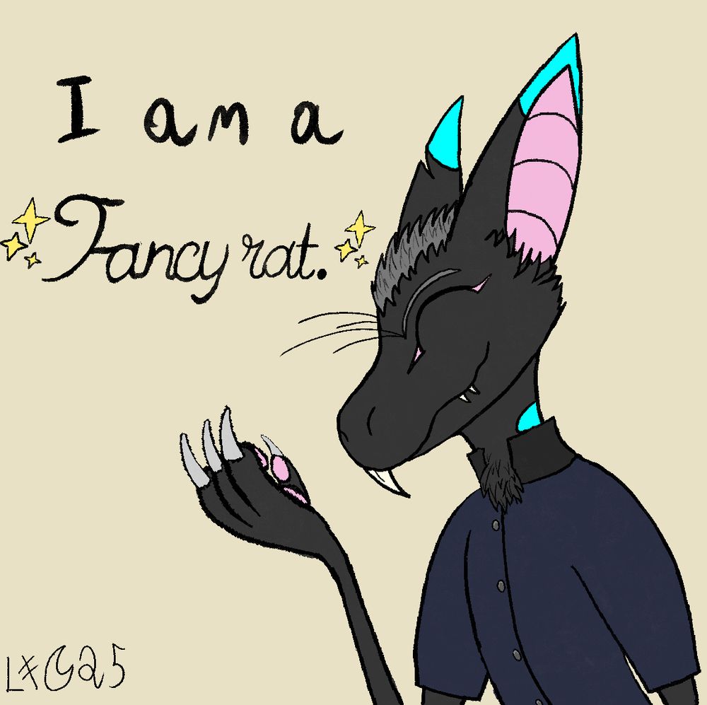 Delfi the yinglet wearing beizel out of placers’ shirt and holding his right hand paw up in front of his face. He smiles and has his eyes closed. He has dark grey fur, a tuft of light grey hair, pink inner ears and finger beans, silver nails, and blue ear tips and accents on his neck