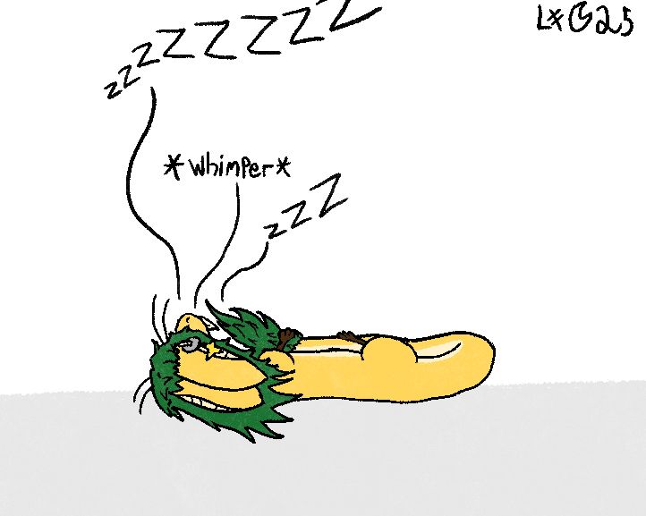A yinglet lying down and gripping its tail. It has yellow fur, a cream belly, green hair and brown limbs. It says ZZZZZZZZZZZ *whimper* ZZZ
