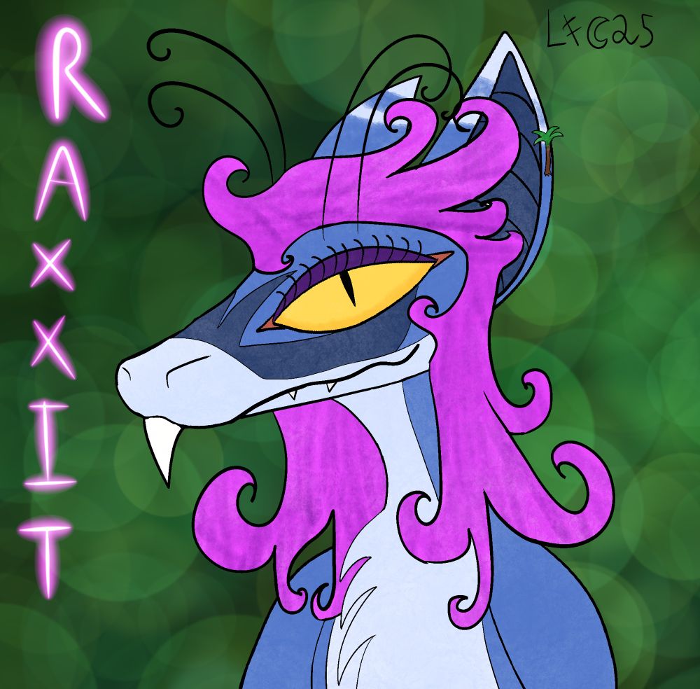 A bust of a yinglet with blue fur, light blue chest fur, dark blue markings and inner ears, yellow eyes and curly pink hair

It smiles at the camera 