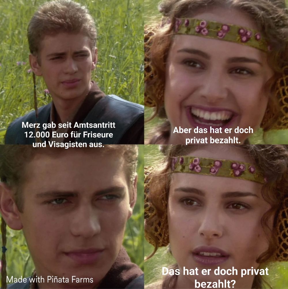 Anakin Padme Meme: Merz gab seit Amtsantritt 12.000 Euro für Friseure und Visagisten aus. Das hat er doch privat bezahlt. Oder?
