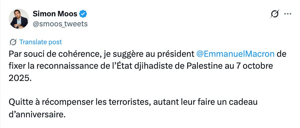 Par souci de cohérence, je suggère au président @EmmanuelMacron de fixer la reconnaissance de l’État djihadiste de Palestine au 7 octobre 2025. Quitte à récompenser les terroristes, autant leur faire un cadeau d’anniversaire.
