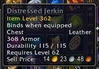 screenshot of a world of warcraft item named "Distressed Jerkin"