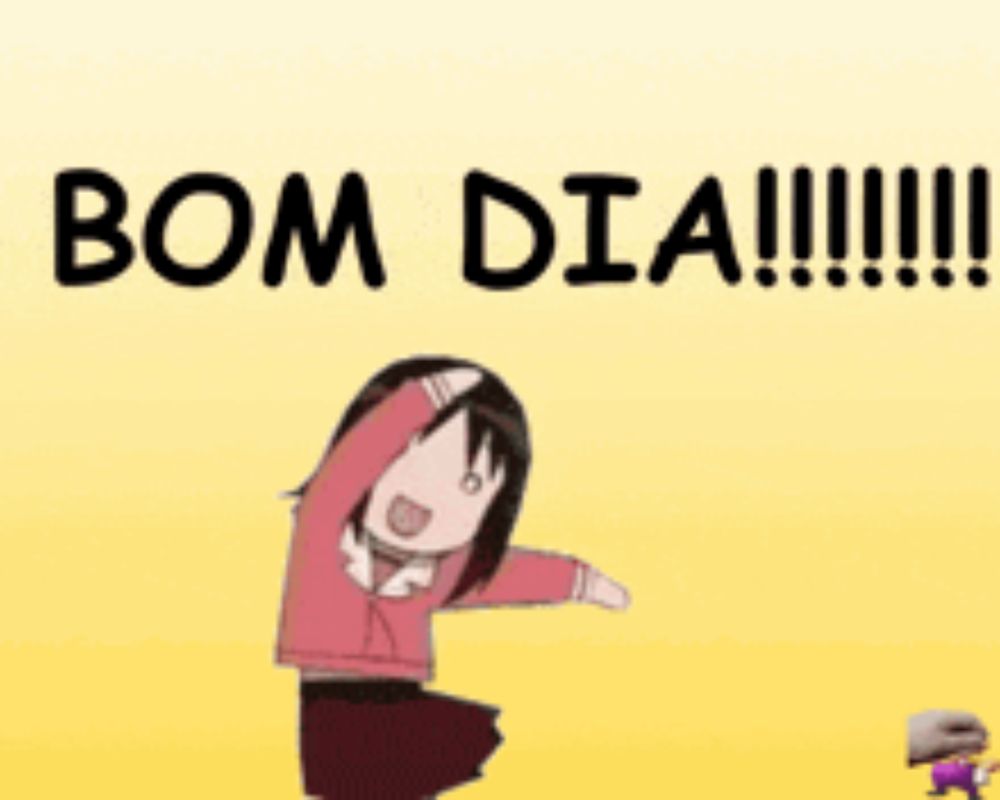 a girl in a pink sweater is dancing in front of the words bom dia