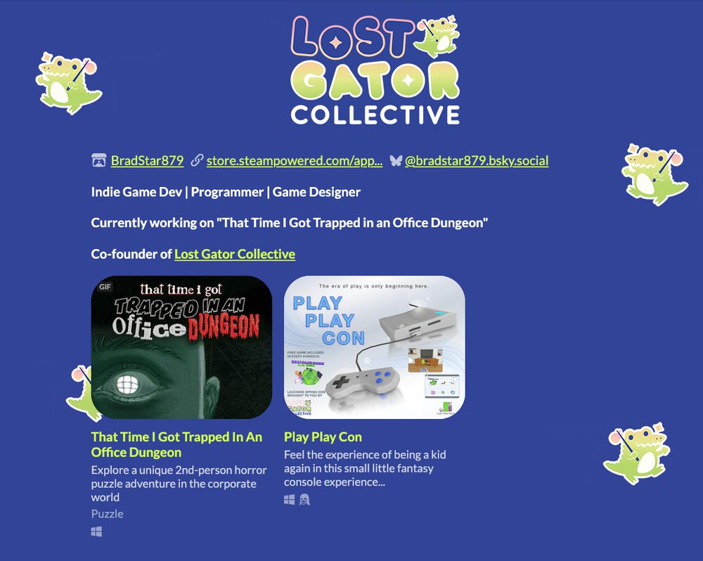 Brad's itch.io page with Lost Gator Collective branding