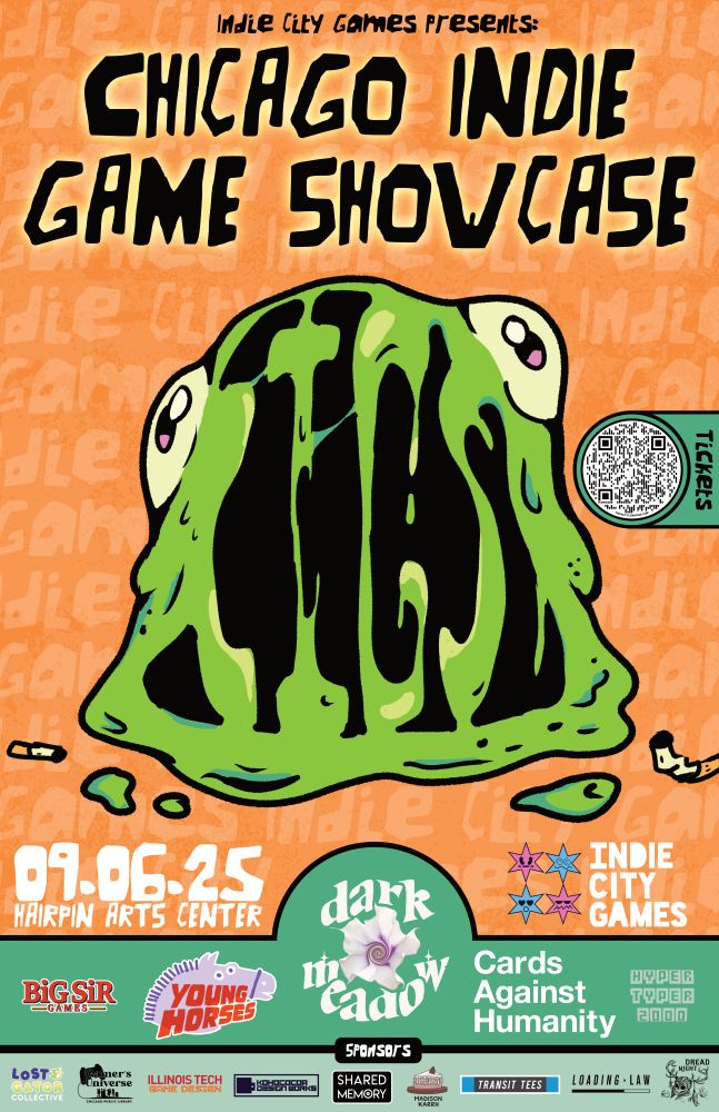 Poster for Chicago Indie Game Showcase on September 6th, 2025 with a slime creature logo