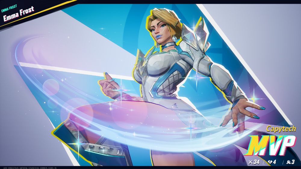 Marvel Rivals victory screen featuring Emma Frost, and the player as MVP with a match score of 34/4/3.