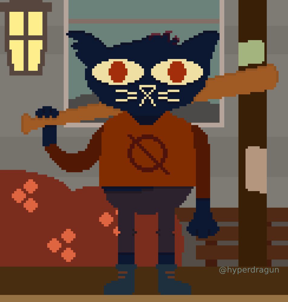 A piece of pixel art of Mae Borowski from the video game 'Night In the Woods'. Mae is a blue cat in an orange shirt, with grey trousers and blue boots on. She stands in front of a red bush, with a grey suburban house framing the background, as well as a telephone pole.