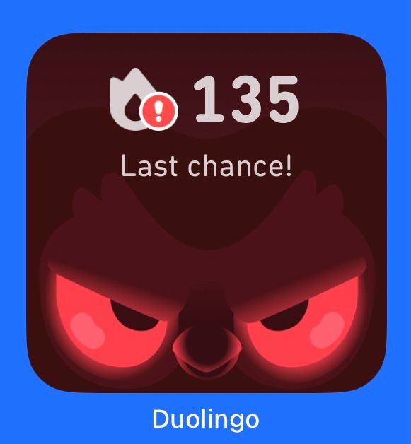 Duolingo widget with Duo, a green owl with glowing red eyes staring you down.