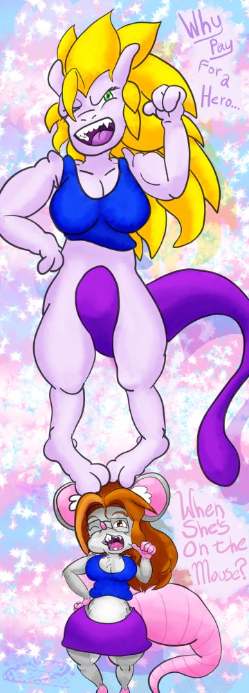 Digital art of FusionWarrior, the transgender woman Saiyan human hybrid permanently fused with a Mewtwo,  pointing at herself with her thumb and saying, "Why pay for a Hero..." while attracting standing on the head of her girlfriend Belle, the transgender Mouse girl with orange hair and glasses and a nice thick tail, wearing the same kind of blue exercise tank top as Fusion, and a purple skirt the same color as Fusion's belly and tail, and in the exact same pose as FusionWarrior, saying " when she's on the Mouse?"

While FusionWarrior has 1.105x the mass of the planet earth, she can fully negate her entire gravitational pull with telekinesis, meaning Belle currently has less weight on her head than a hat. 

The background is a repeating transgender flag pattern with glittery sparkles the color of the transgender flag. 