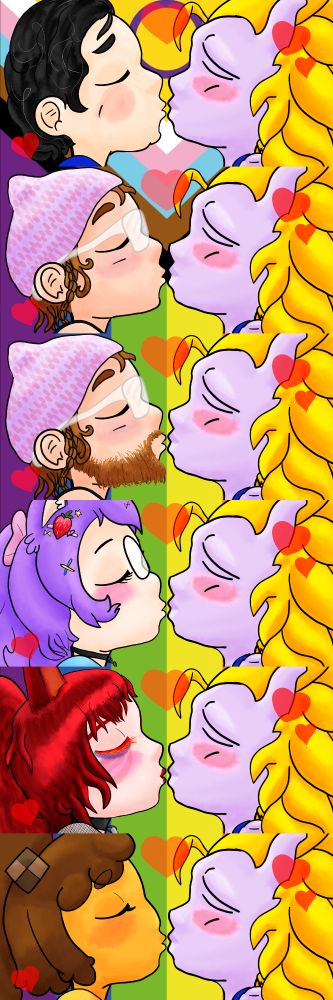 Digital artwork of FusionWarrior, the Transgender woman human Saiyan hybrid permanently fused with a Mewtwo, kissing her 5 partners, going from top to bottom in order of relationship start. Fusion is always on the right. 
Gaby - Fusion's wife of 11 years. Black hair, blue shirt
Malken (Femme) - Pink knit hat, coppery brown hair, glasses
Malken (Masc) - Same, but with a beard
Midnight - Purple haired catgirl with hair decorations including a large Strawberry, glasses, a small choker, and a light blue top
Tirus - Red haired Catfoxgirl with firey eyelashes, red lipstick, freckles, facial markings, a this choker, and a fishnet top
Dizzybelle - Represented by her OC, Puddi, a yellow Creme Caramel Pudding Slimegirl with brown hair and cookie inspired hair tie

The background is the progress pride flag.