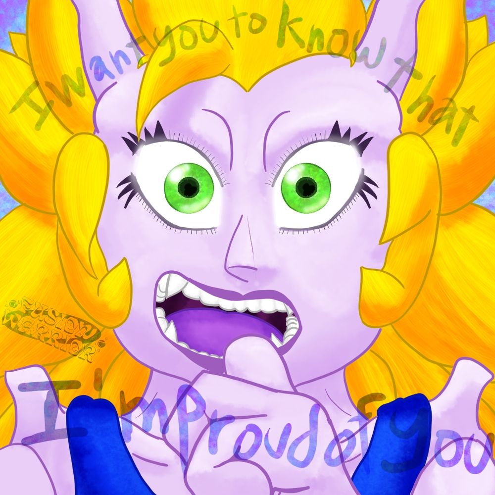 Digital art close up of FusionWarrior, the transgender woman Saiyan human hybrid permanently fused with a Mewtwo, focused on her face. Her eyes are wide open, and so is her mouth, She is saying to you, "I want you to know that I'm proud of you." She is also pointing at herself with her thumb, to emphasize just how impressed she is. 

This version has text.