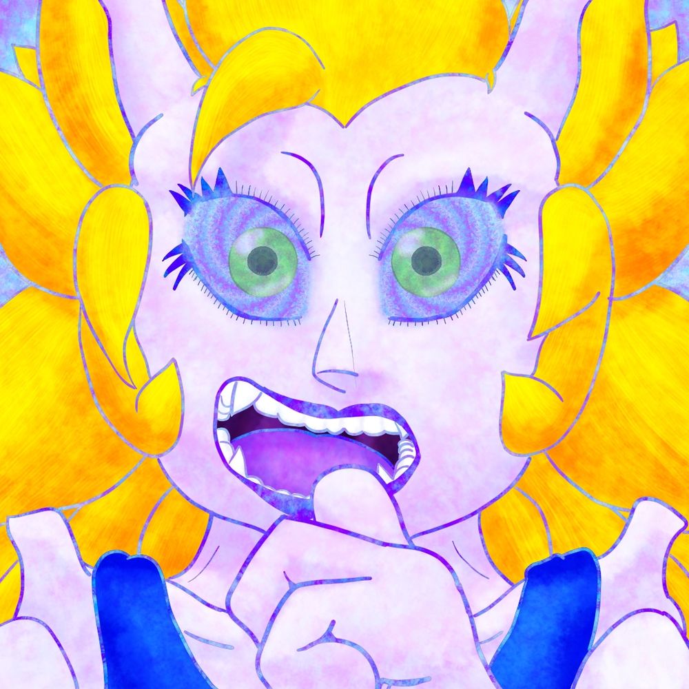 Digital art close up of FusionWarrior, the transgender woman Saiyan human hybrid permanently fused with a Mewtwo, focused on her face. Her eyes are wide open, and so is her mouth, She is saying to you, "I want you to know that I'm proud of you." She is also pointing at herself with her thumb, to emphasize just how impressed she is. 

This version has no text and blue and purple hypnotic swirly eyes as well as a hypnotic overlay