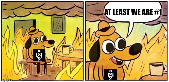 This is fine meme but the dog is the university sitting in the fire and saying “at least we are #1”