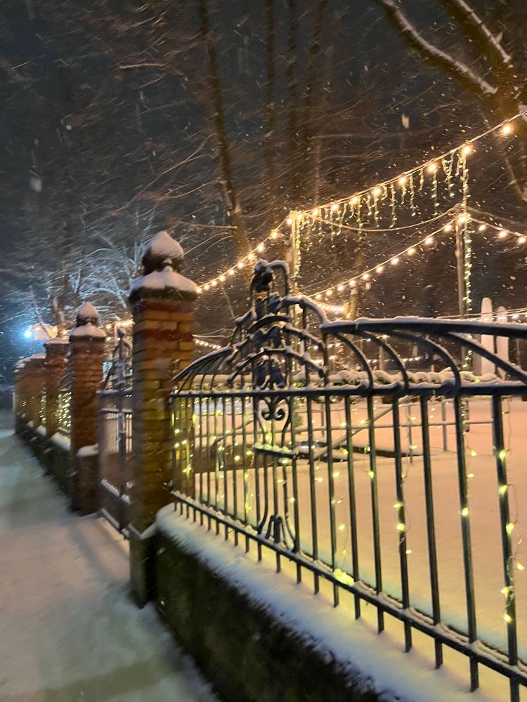 Evening scene with lights and snow
