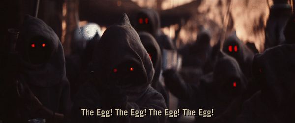 GIF of Jawas from the Mandalorian chanting “The Egg! The Egg! The Egg! The Egg!”