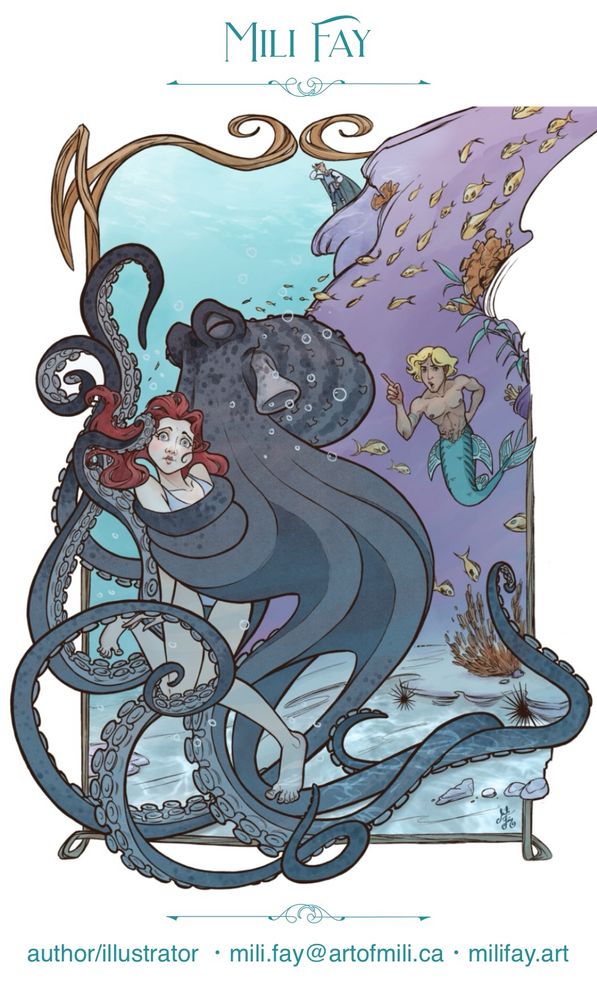 “Drop it!” Concept chapter illustration representing a scene from the second book of my fantasy series, Warriors of Virtue. This is how Princess Lauraliee meets Ariel and Spot on her quest for the Water Fruit in the Mermaid Lake. Spot, a giant black octopus has wrapped Princess Lauraliee in a tentacled hug. His friend, the merman Ariel is telling him to drop the princess, while atop the cliff, Prince Diamond is looking into the water trying to see what is happening. This illustration was digitally created in Clip Studio Paint in a somewhat Mucha inspired style.