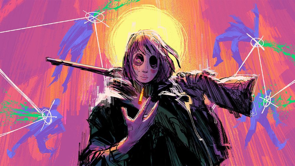 A shaggy-haird girl with a hunting rifle over her shoulder, wearing a paper doll mask and staring at a levitating bullet in her hand. Behind her is a halo of light, and four purple human figures. A white line connects the figures, each one marked off with an X and a splatter of green.